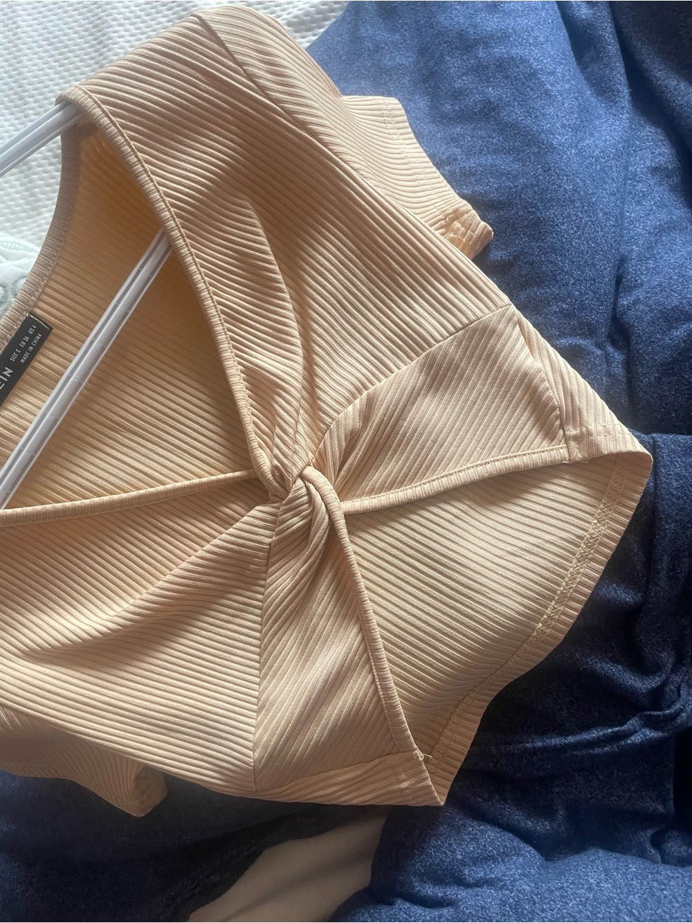 Ribbed Knot-Front Crop Top - Beige